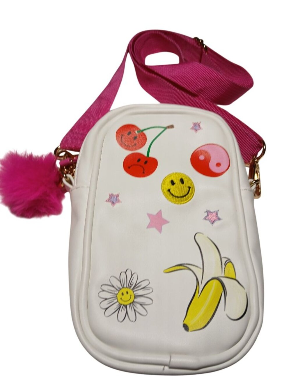 SkinnyDip London White Crossbody Bag Purse Novelty Cherry Pink Strap Graphic